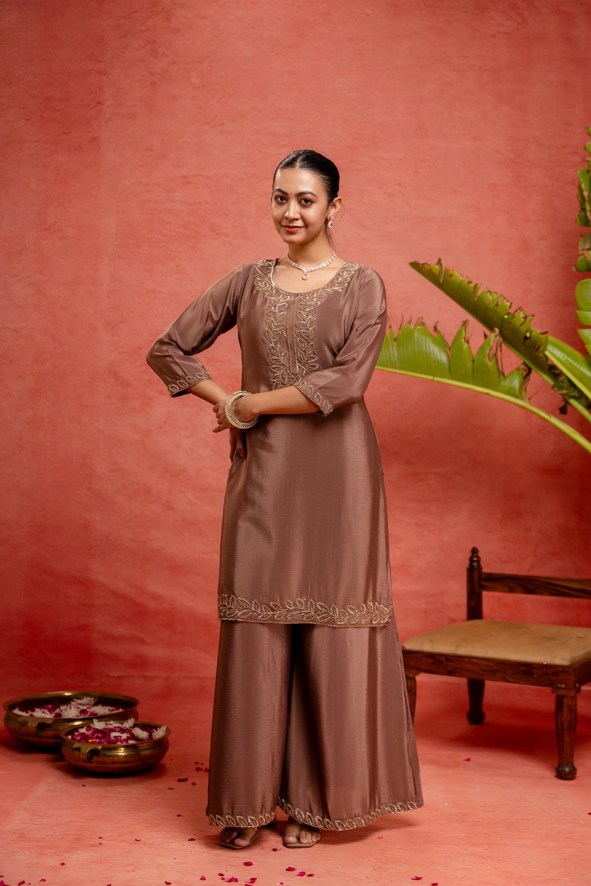 Women's Mauve Embroidered Kurta With Sharara & Dupatta Set