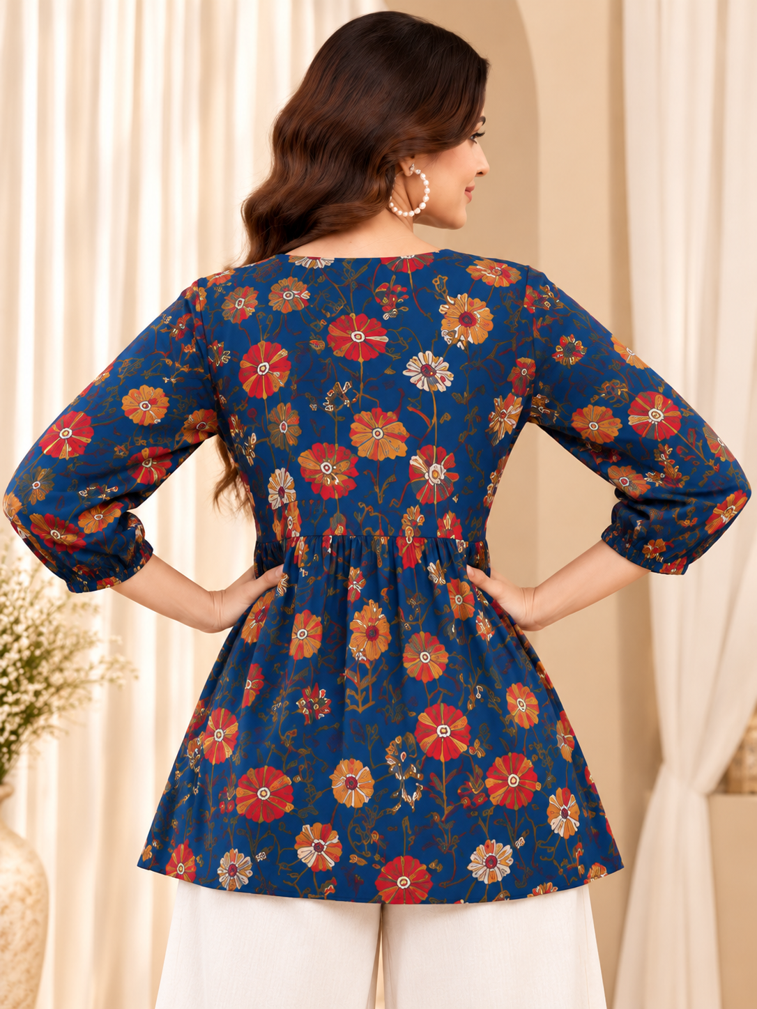 Women's Blue Floral Printed Flared Top