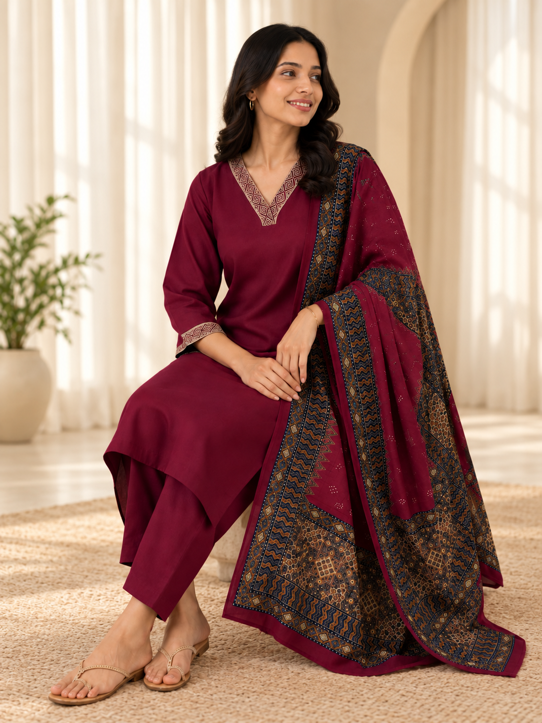 Women's Maroon Straight Kurta & Trouser With Dupatta Set