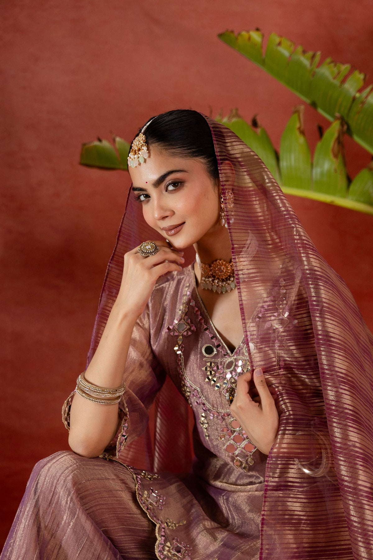 Women's Purple Embroidered Mirror Work Kurta With Palazzo & Dupatta Set