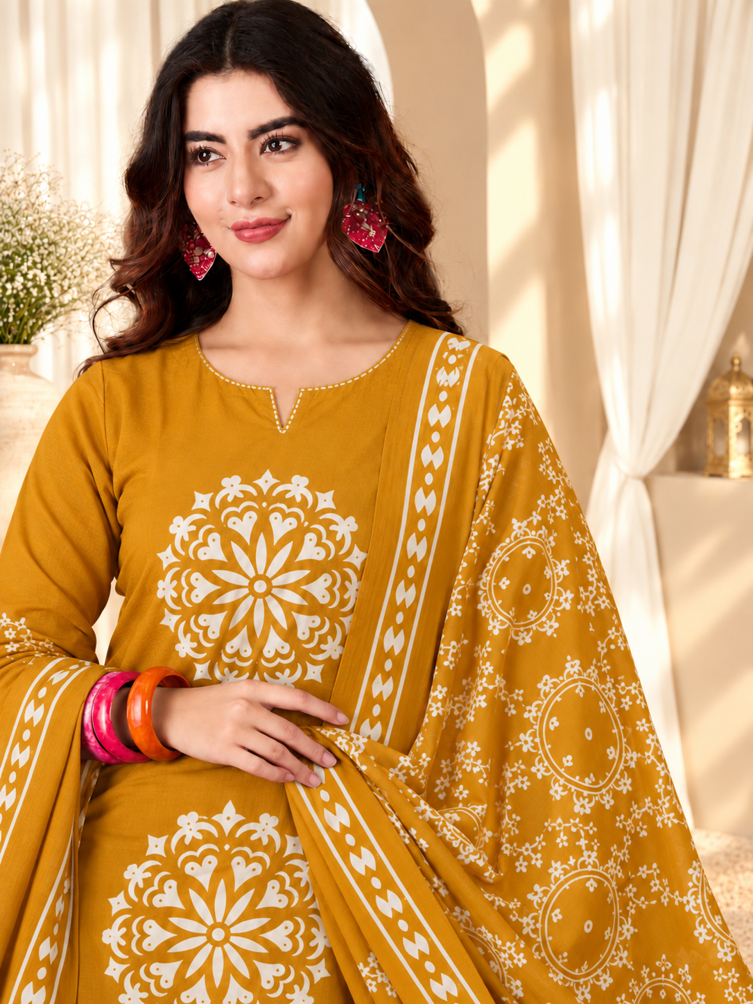 Women's Pure Cotton Floral Print Mustard Kurta & Pant With Dupatta Set