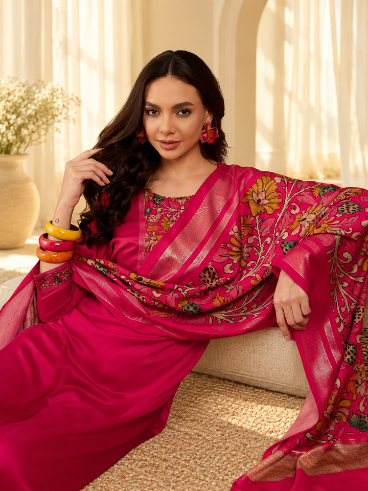 Floral Yoke Design Sequinned Straight Kurta &amp; Trousers With Dupatta