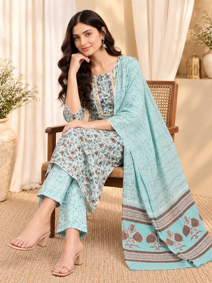 Sea Green &amp; Brown Floral Printed Pure-Cotton Straight Kurta With Trouser &amp; Dupatta