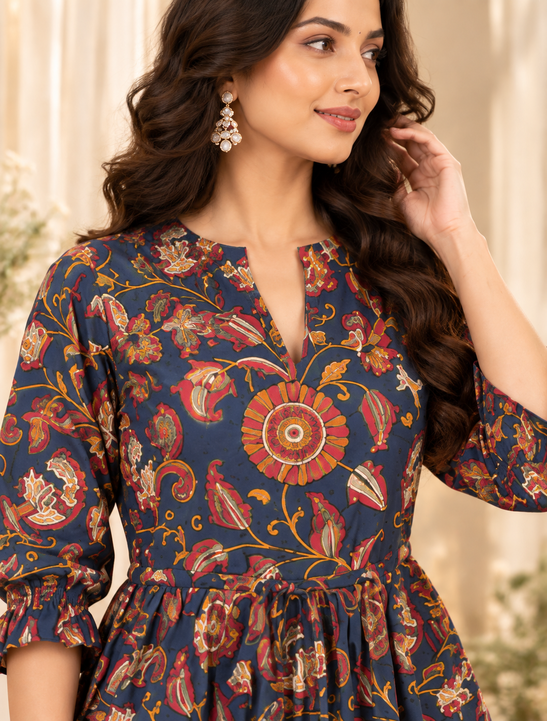 Navy Blue Floral Print Mandarin Collar Cotton Top