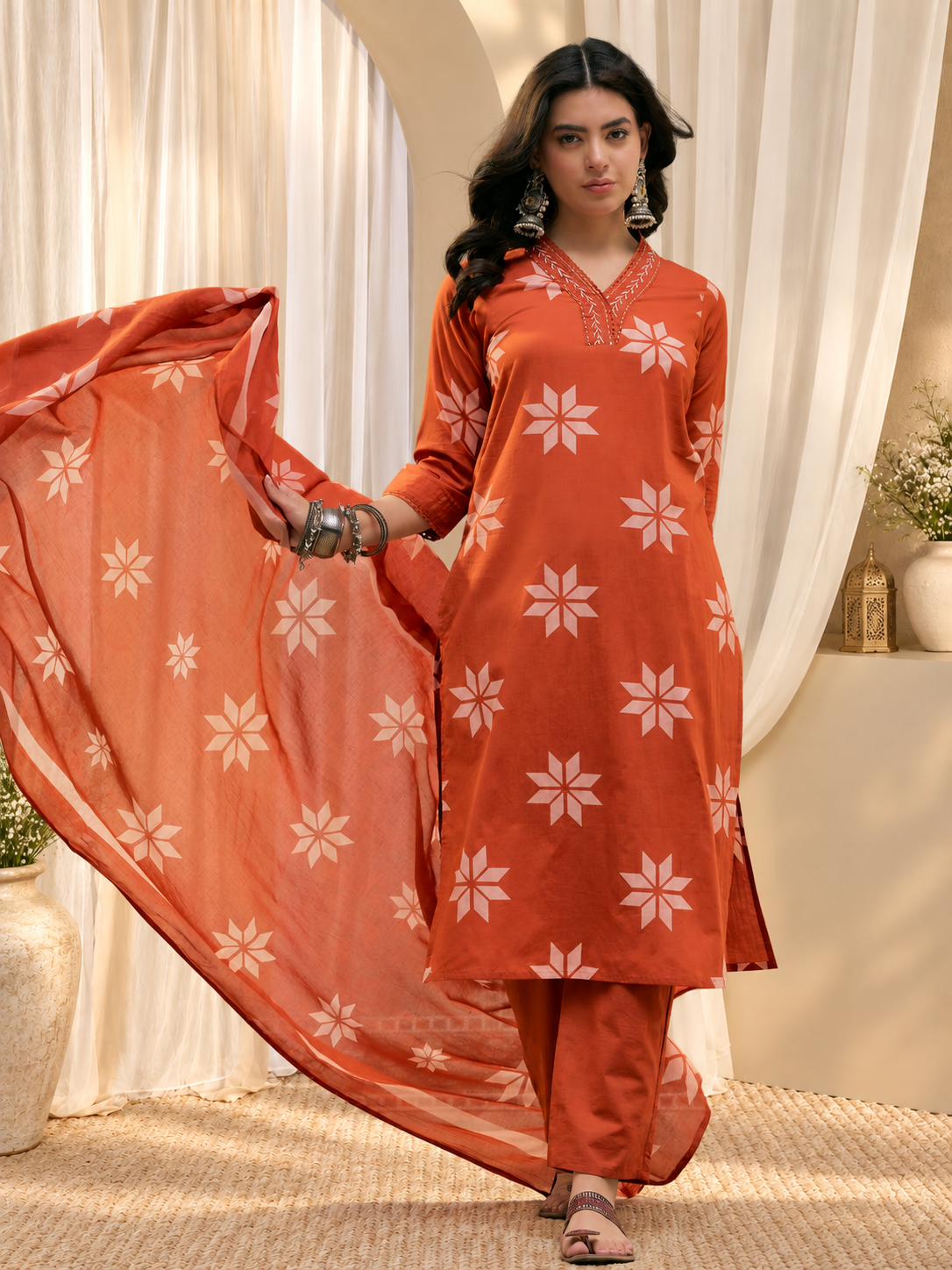 Women's Rust Printed Kurta With Trousers & Dupatta Set