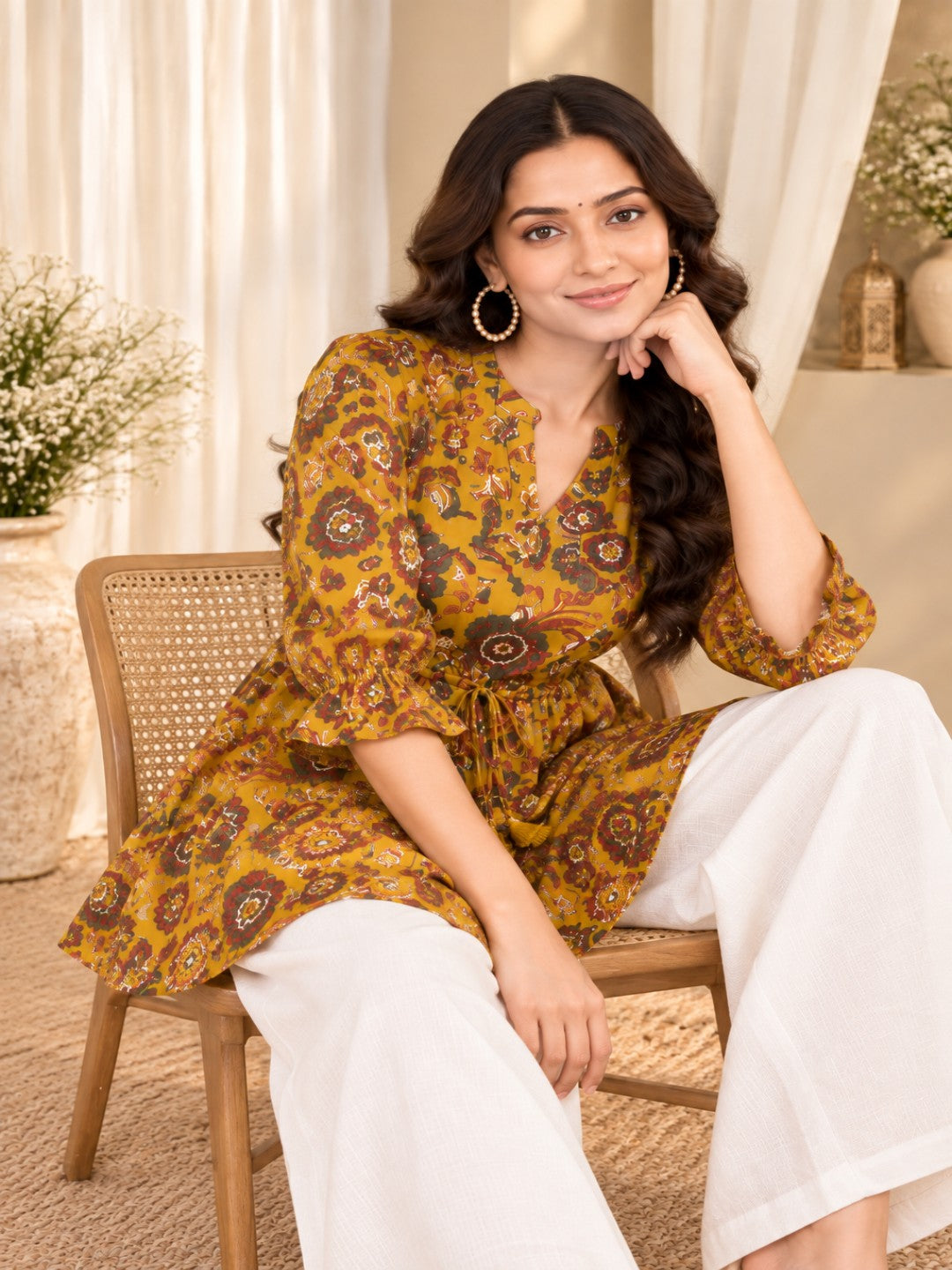Floral Print Mandarin Collar Ethnic Cotton Peplum Top