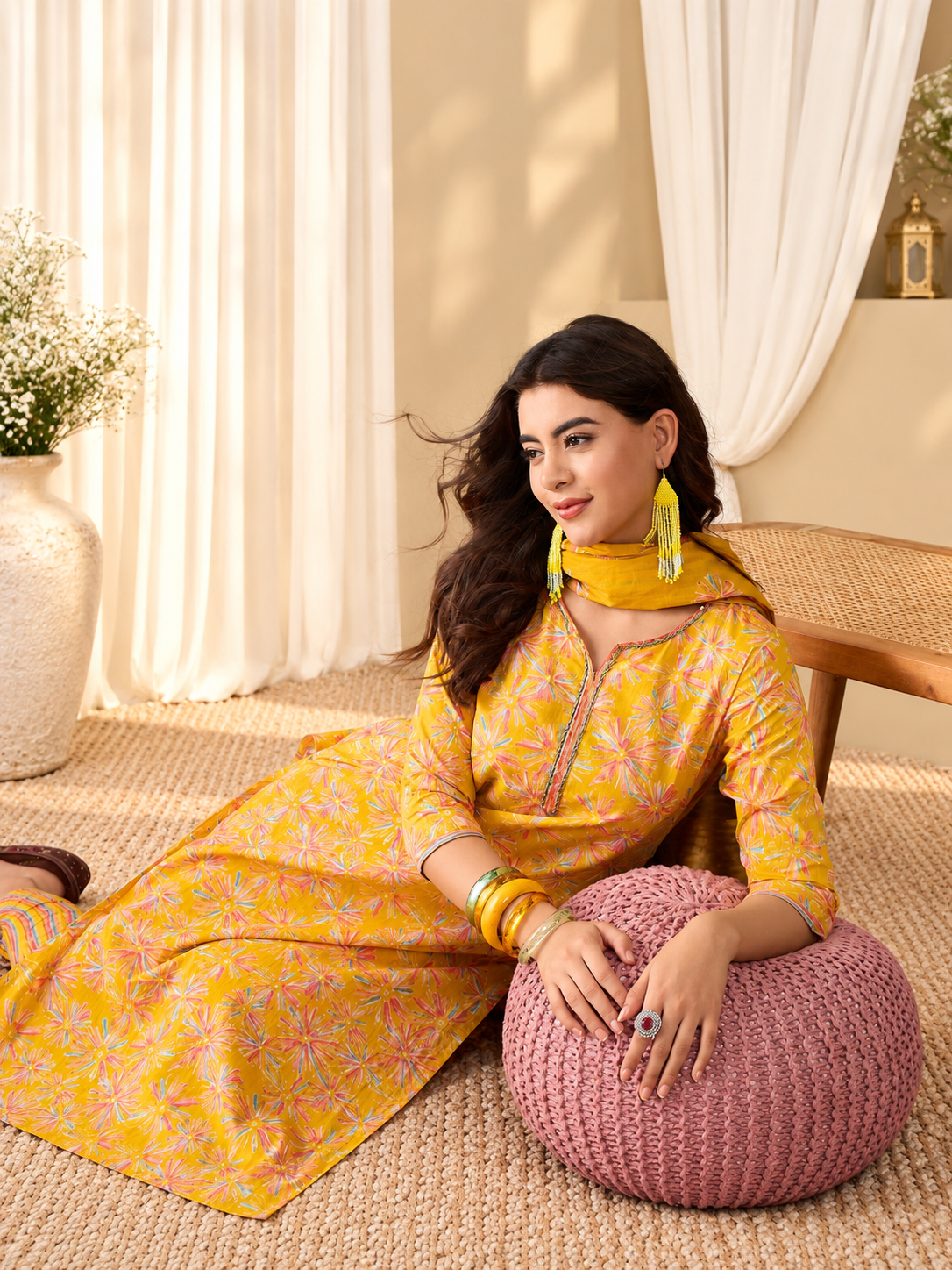 Floral Printed Sequinned V-Neck Straight Kurta & Trouser With Dupatta