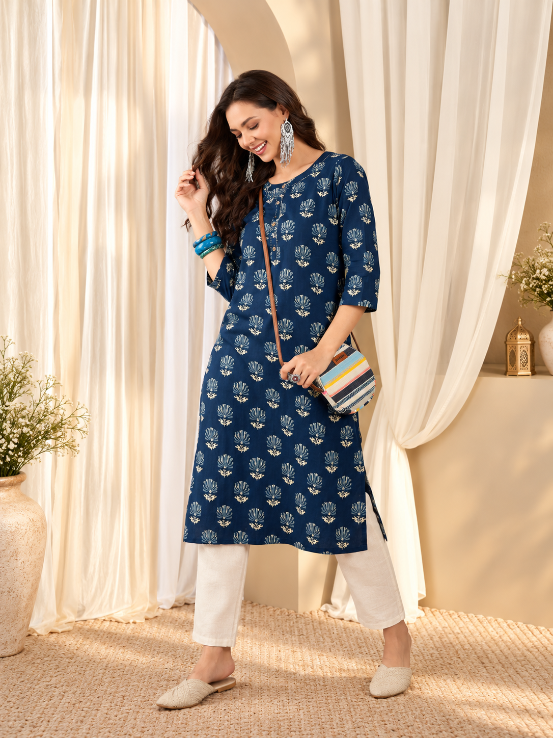 Women's Navy Blue Pure Cotton Digital Print Straight Kurta