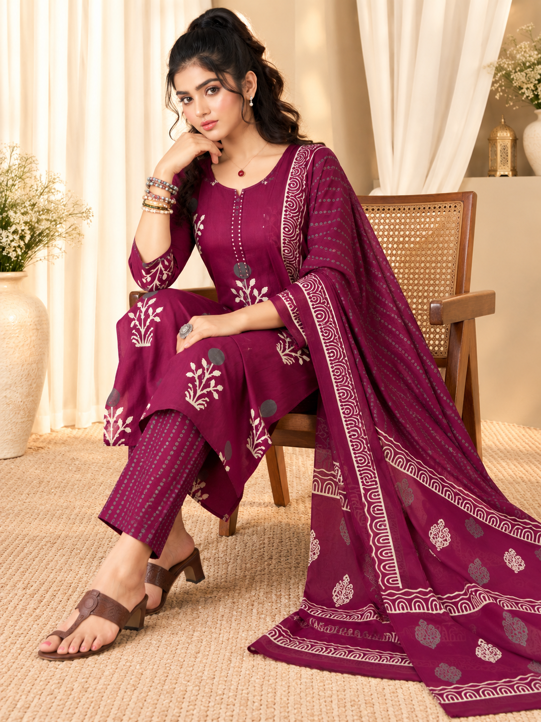 Women's Purple Floral Print Straight Kurta with Trousers & Dupatta Set