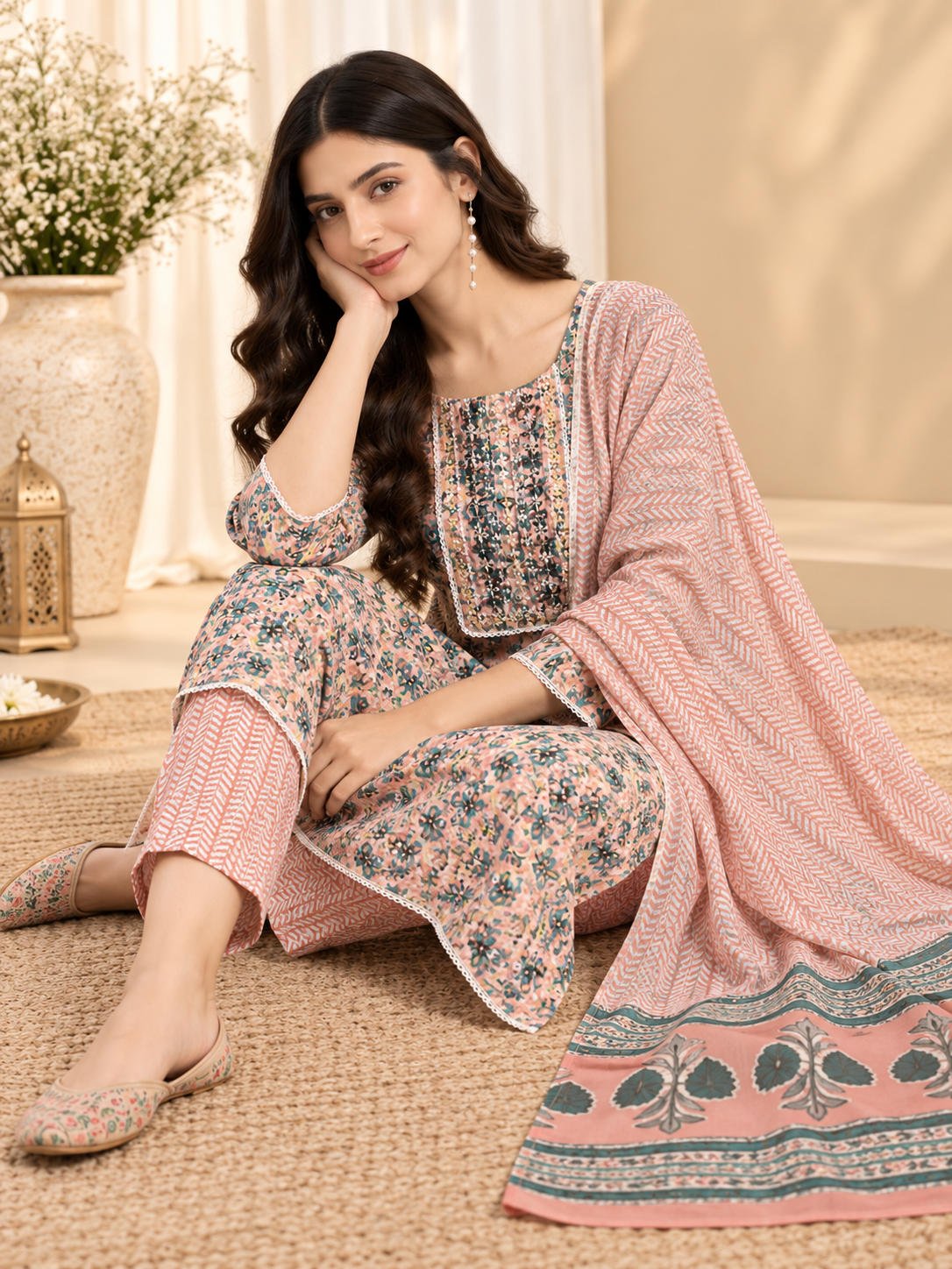 Peach & Blue Floral-Printed Pure-Cotton Straight Kurta With Trouser & Dupatta