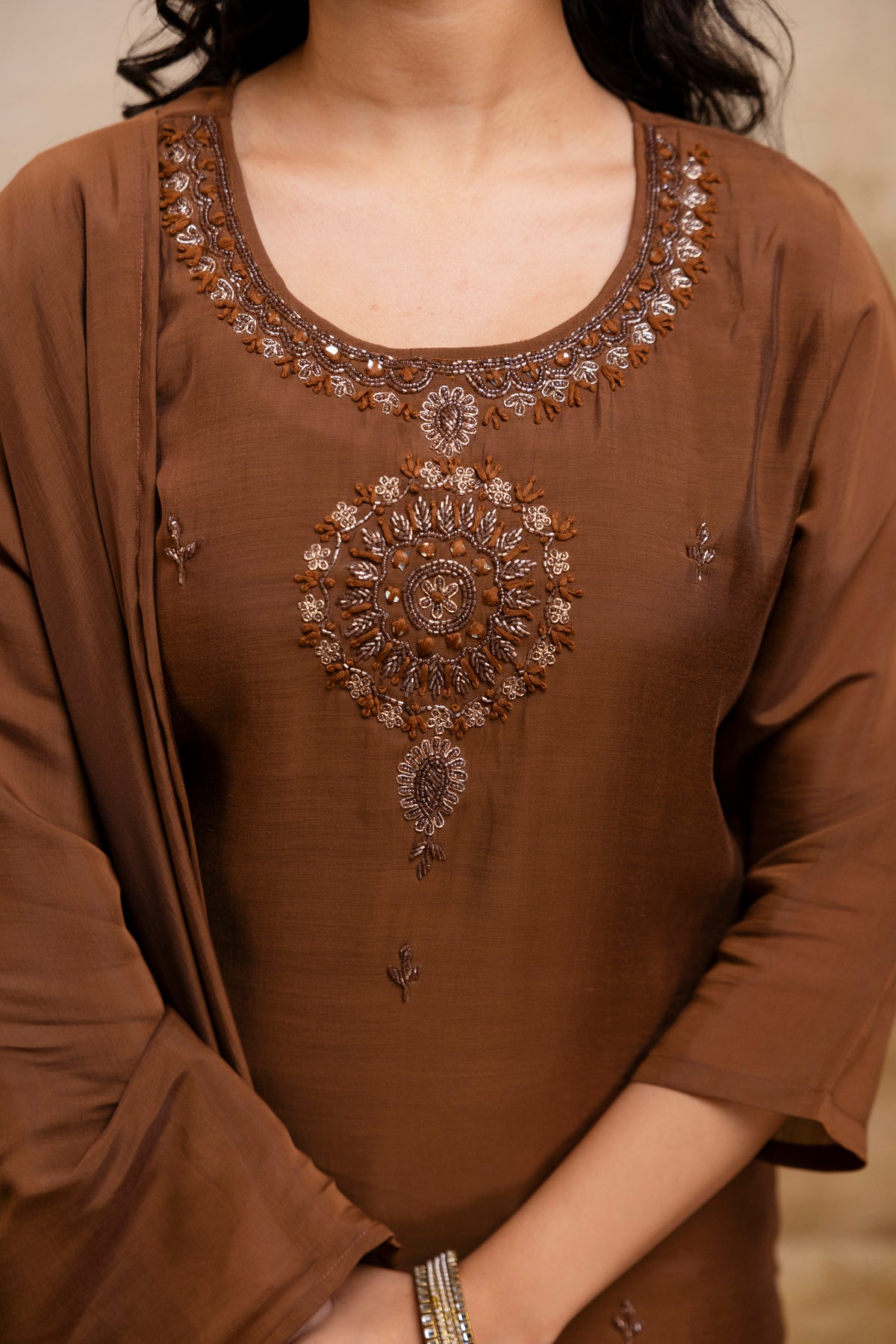Women's Brown Embroidered Straight Round Neck Kurta & Trousers With Dupatta Set