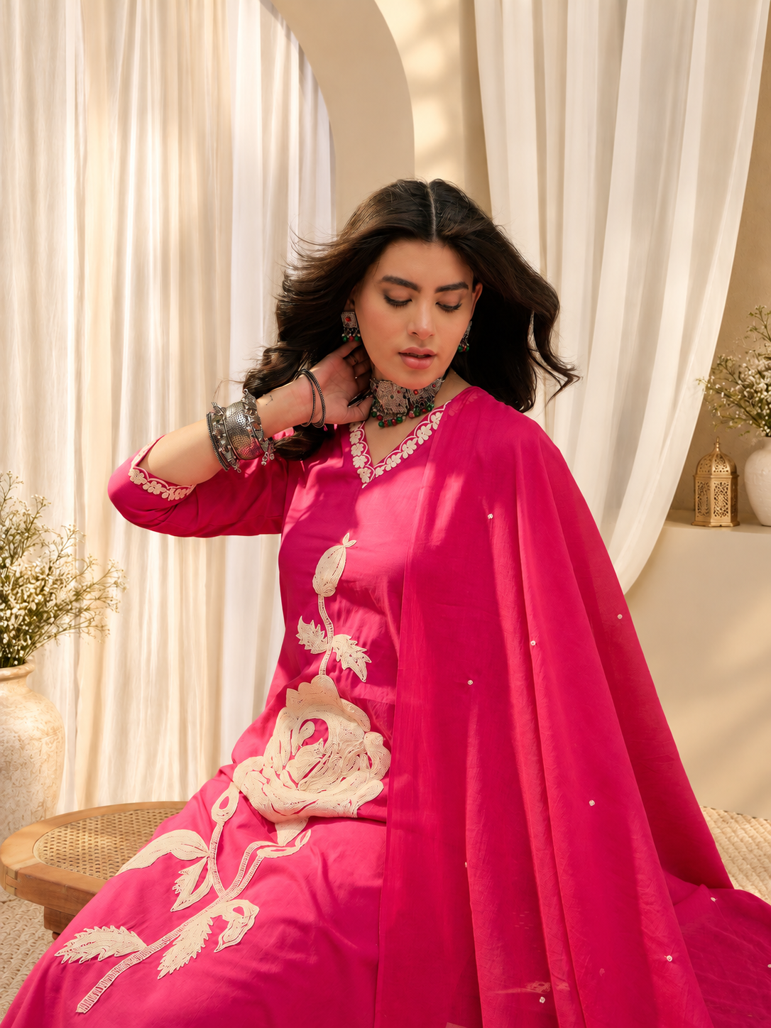 Women's Pink Plain Kurta With Trousers & Dupatta Set