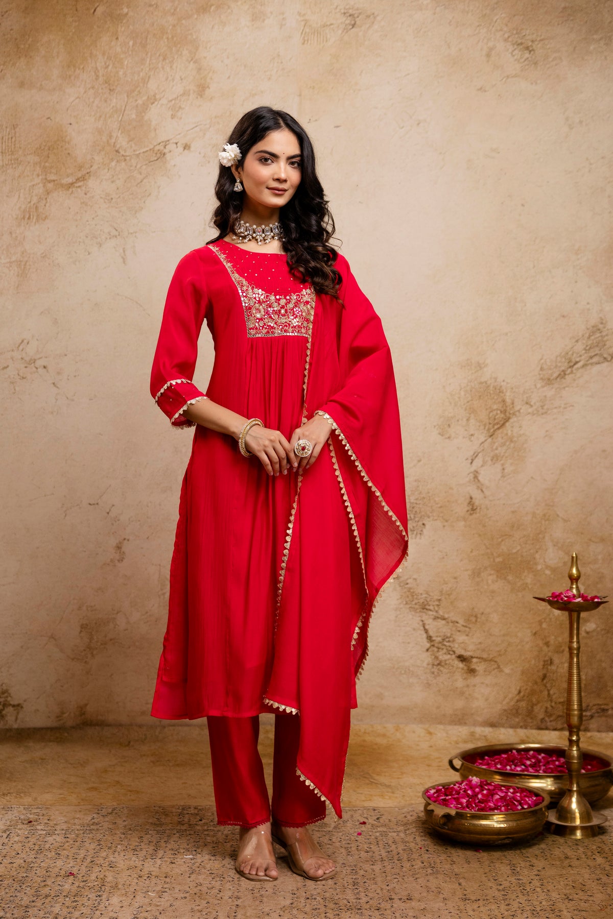 Women's Rani Pink Embroidered Silk Blend Kurta & Palazzo With Dupatta Set