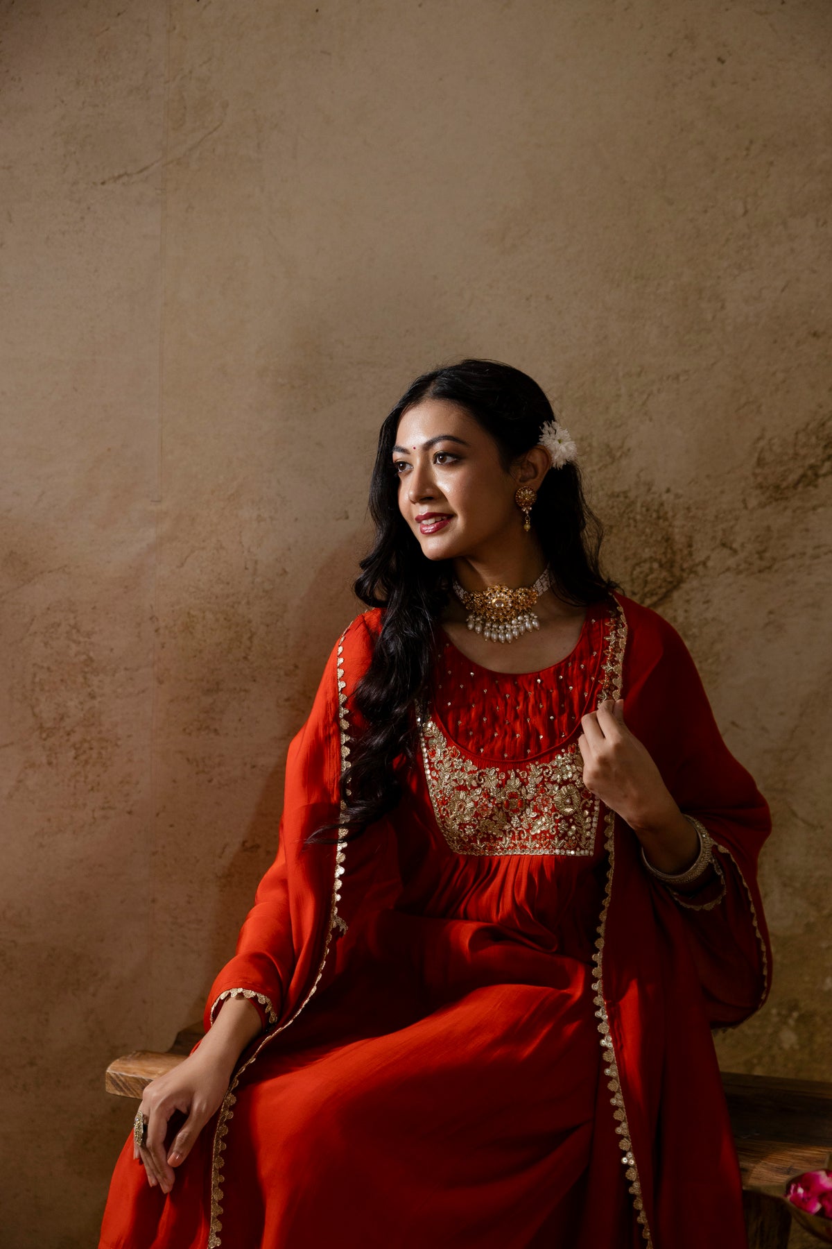 Women's Orange Embroidered Silk Blend Kurta & Palazzo With Dupatta Set