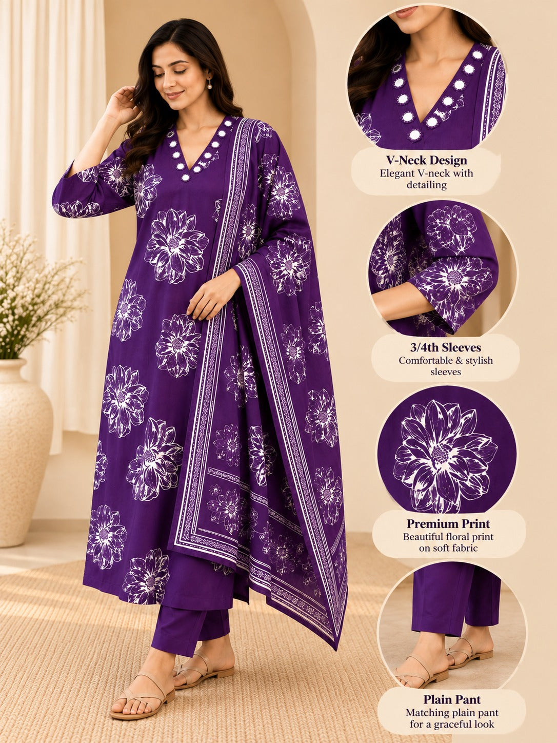 Women's Purple Mirror Work Straight Kurta & Trouser With Dupatta Set