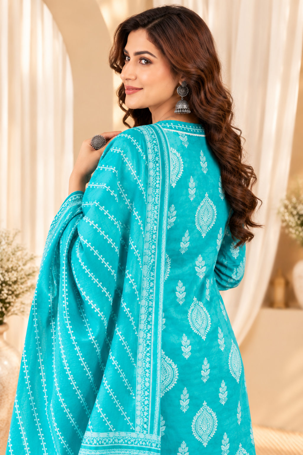 Women's Turquoise Blue Ethnic Motifs Printed Pure Cotton V-Neck Kurta With Trousers & Dupatta Set