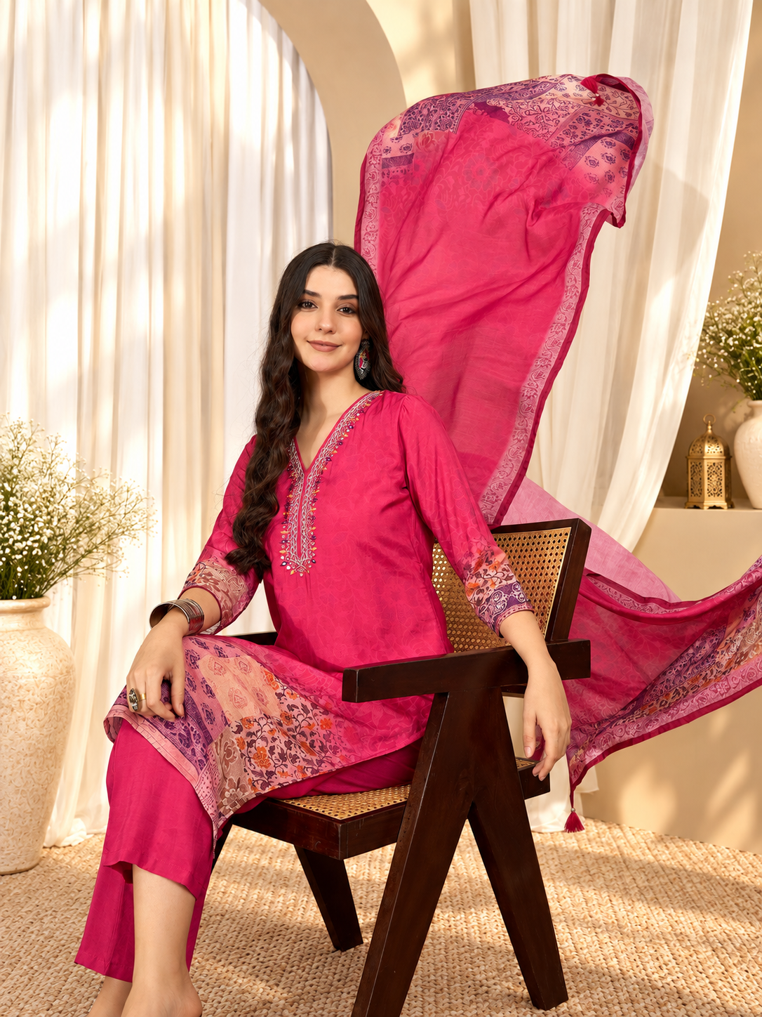 Women's Red Silk Blend V Neck Kurta & Pant With Dupatta Set