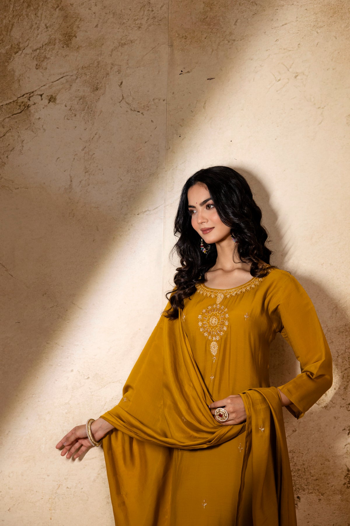 Women's Mustard Embroidered Straight Kurta & Trousers With Dupatta Set