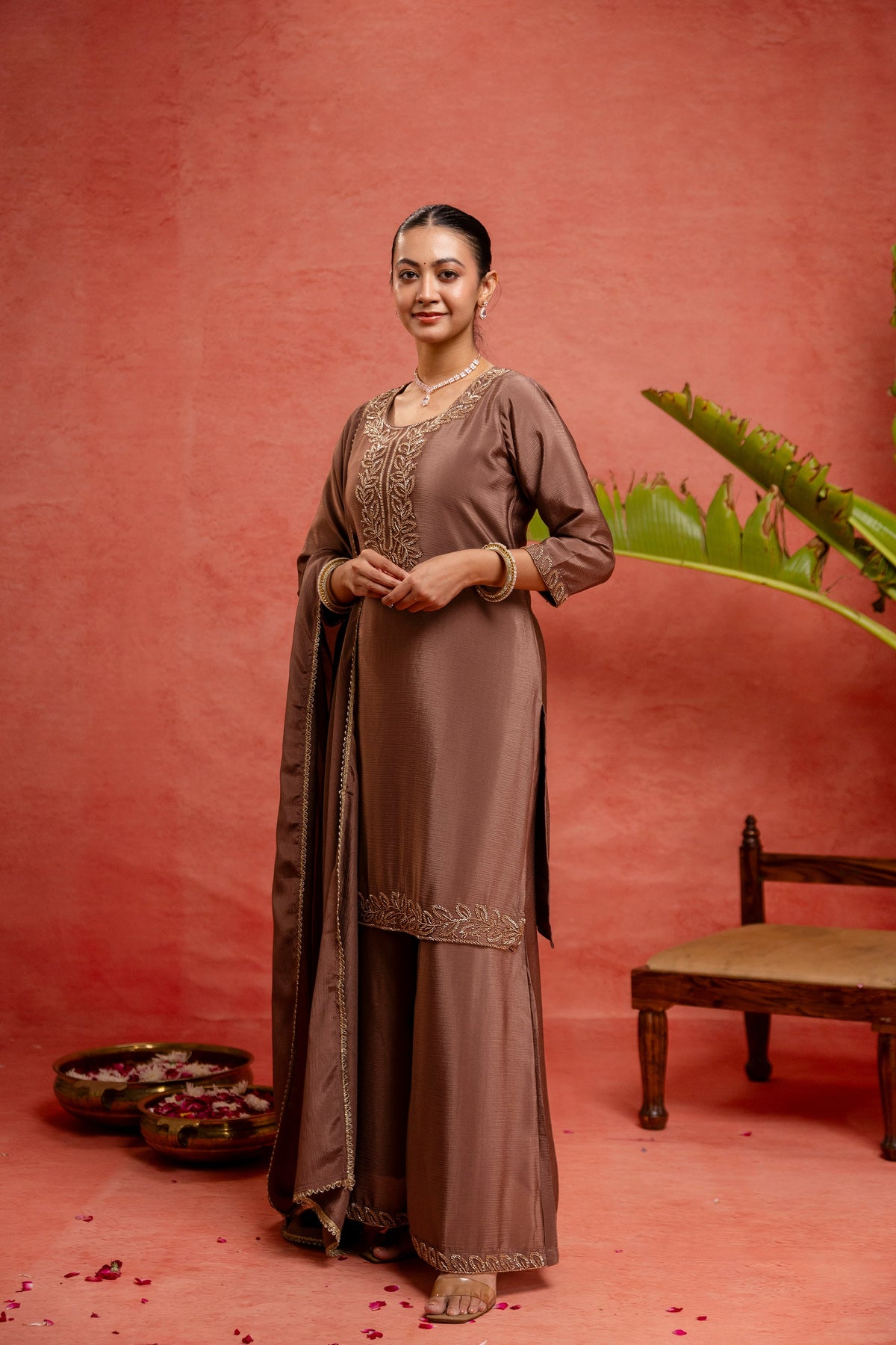 Women's Mauve Embroidered Kurta With Sharara & Dupatta Set