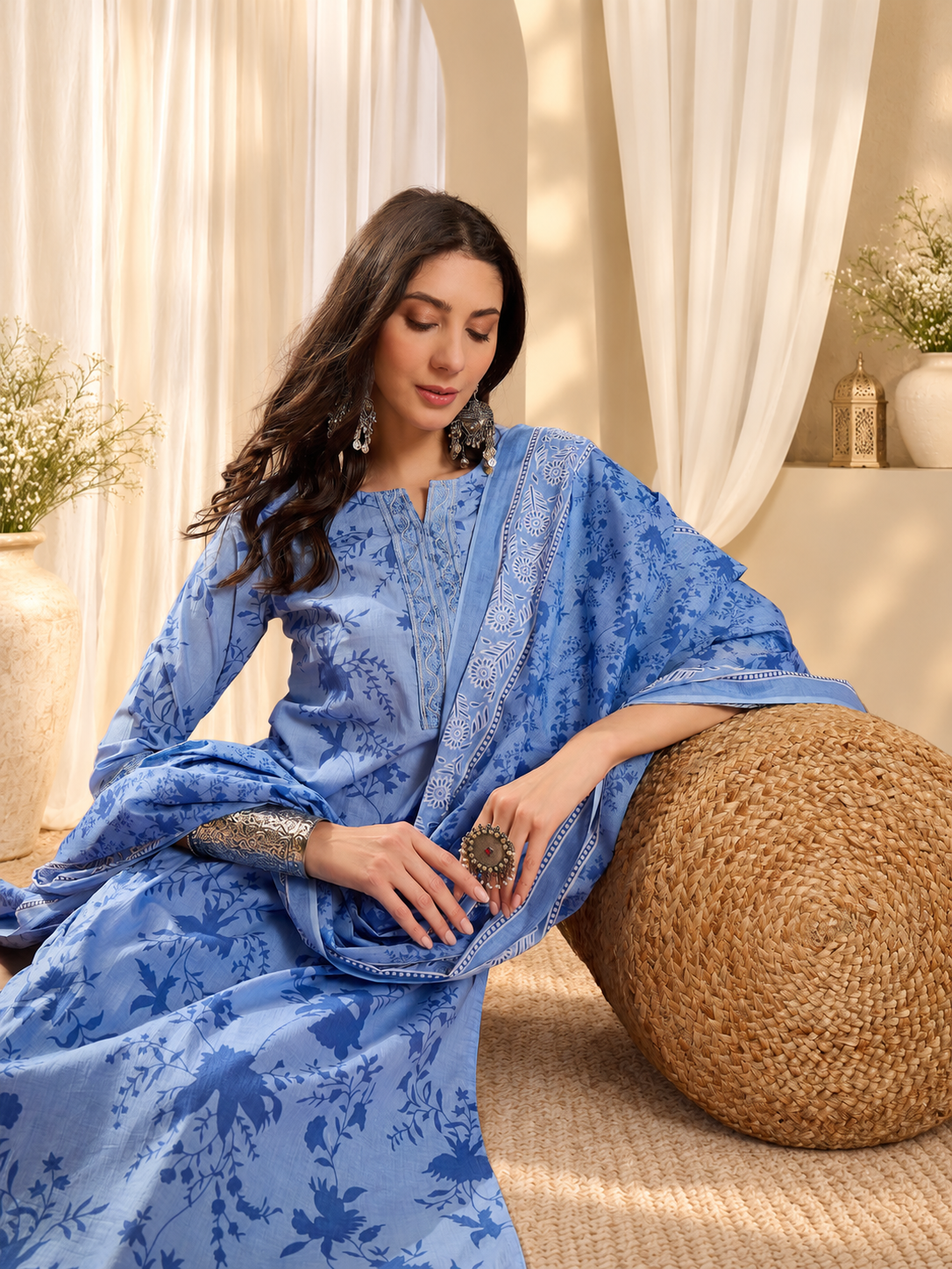 Floral Printed Notch Neck Pure Cotton Straight Kurta With Trousers & Dupatta