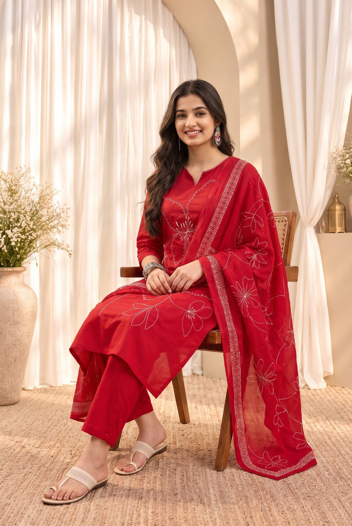 Women's Red Cotton Floral Print Kurta & Trousers With Dupatta Set