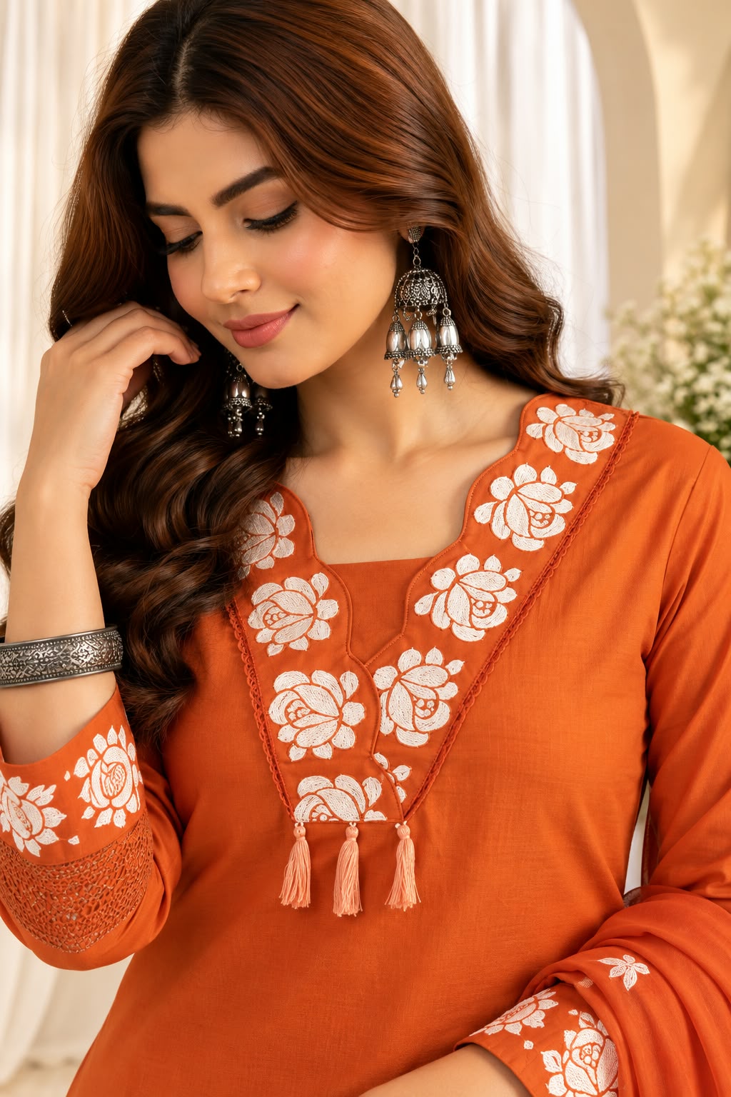 Women's Rust Neck Embroidered Kurta with Trousers & Dupatta Set