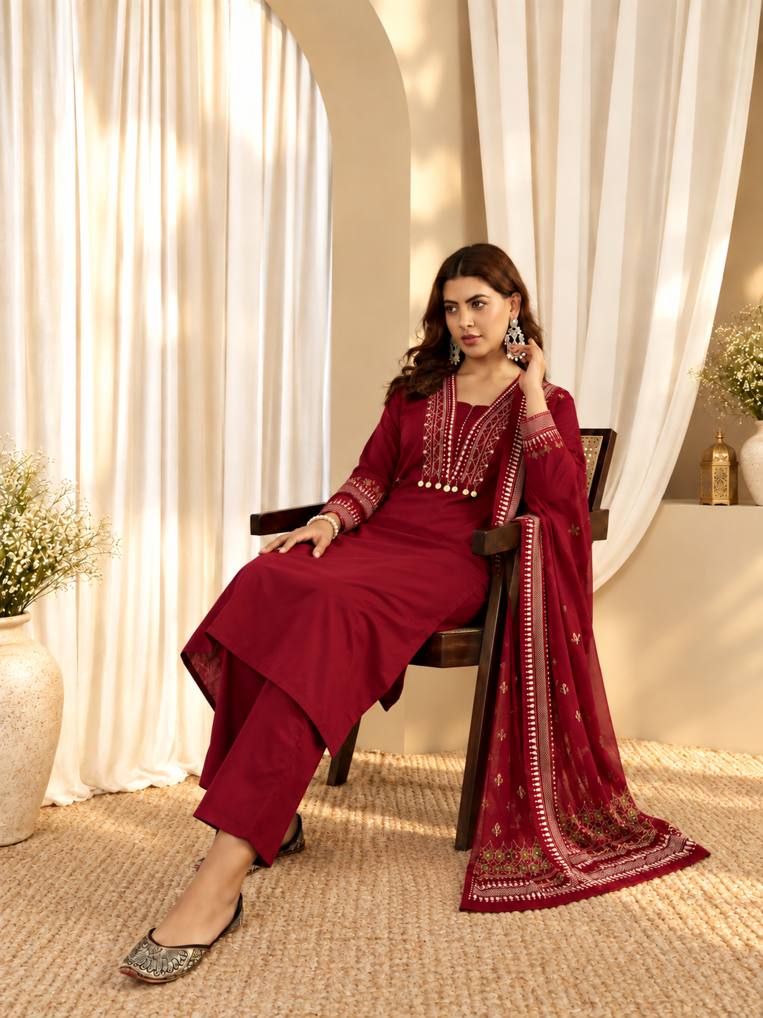 Women's Pure Cotton Embroidered Red Kurta & Pant With Dupatta Set