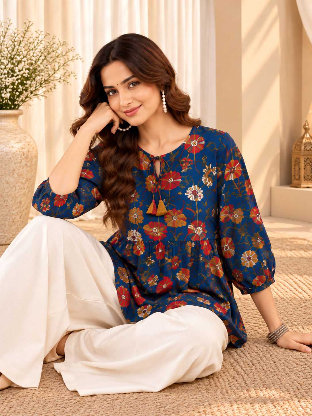 Women's Blue Floral Printed Flared Top