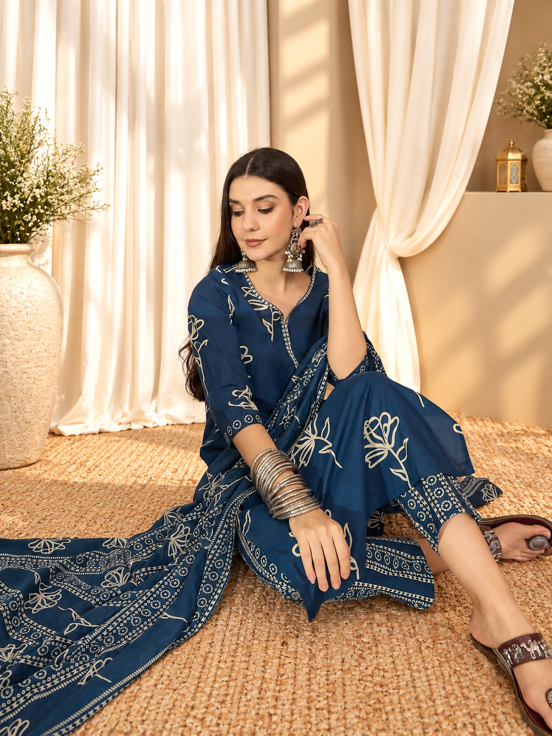 Women's Teal Blue Cotton Floral Print Round Neck Kurta & Trousers With Dupatta Set