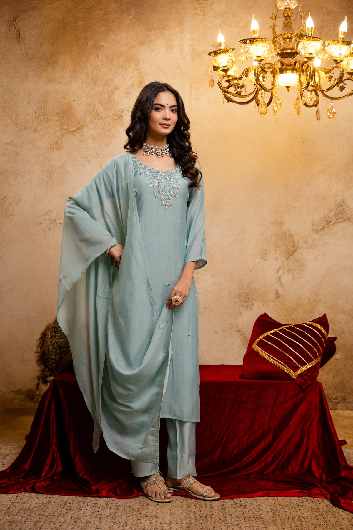 Women's Sea Green Embroidered Straight Kurta & Trousers With Dupatta Set