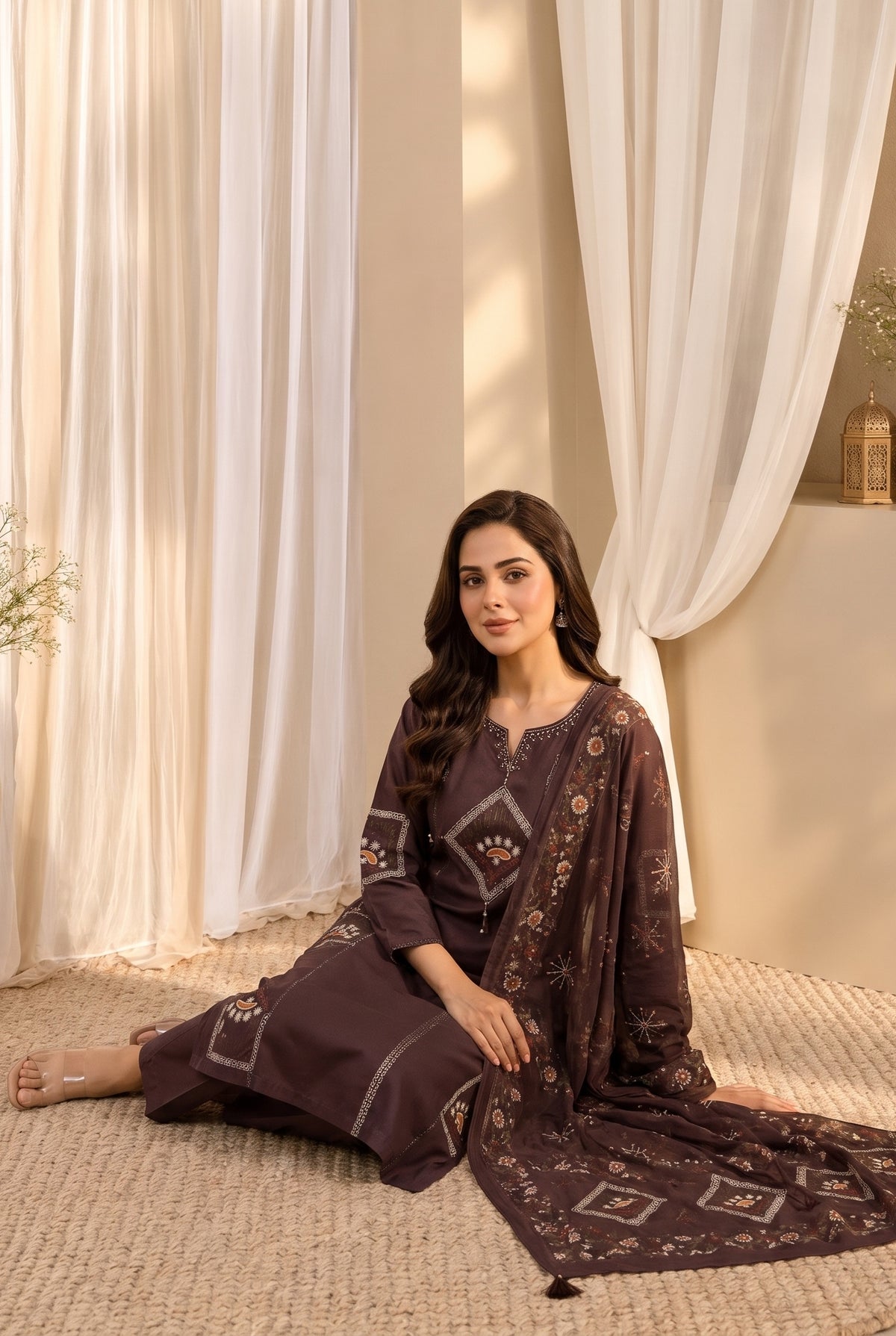 Women's Brown Mirror Work Straight Round Neck Kurta With Trousers & Dupatta Set
