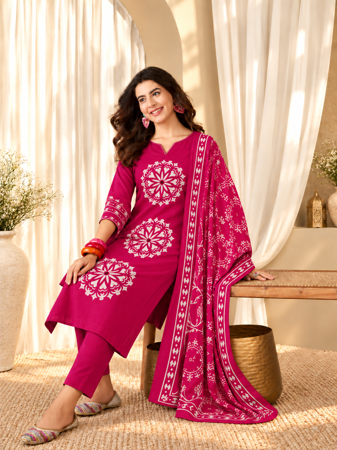 Women's Pure Cotton Floral Print Pink Kurta & Pant With Dupatta Set