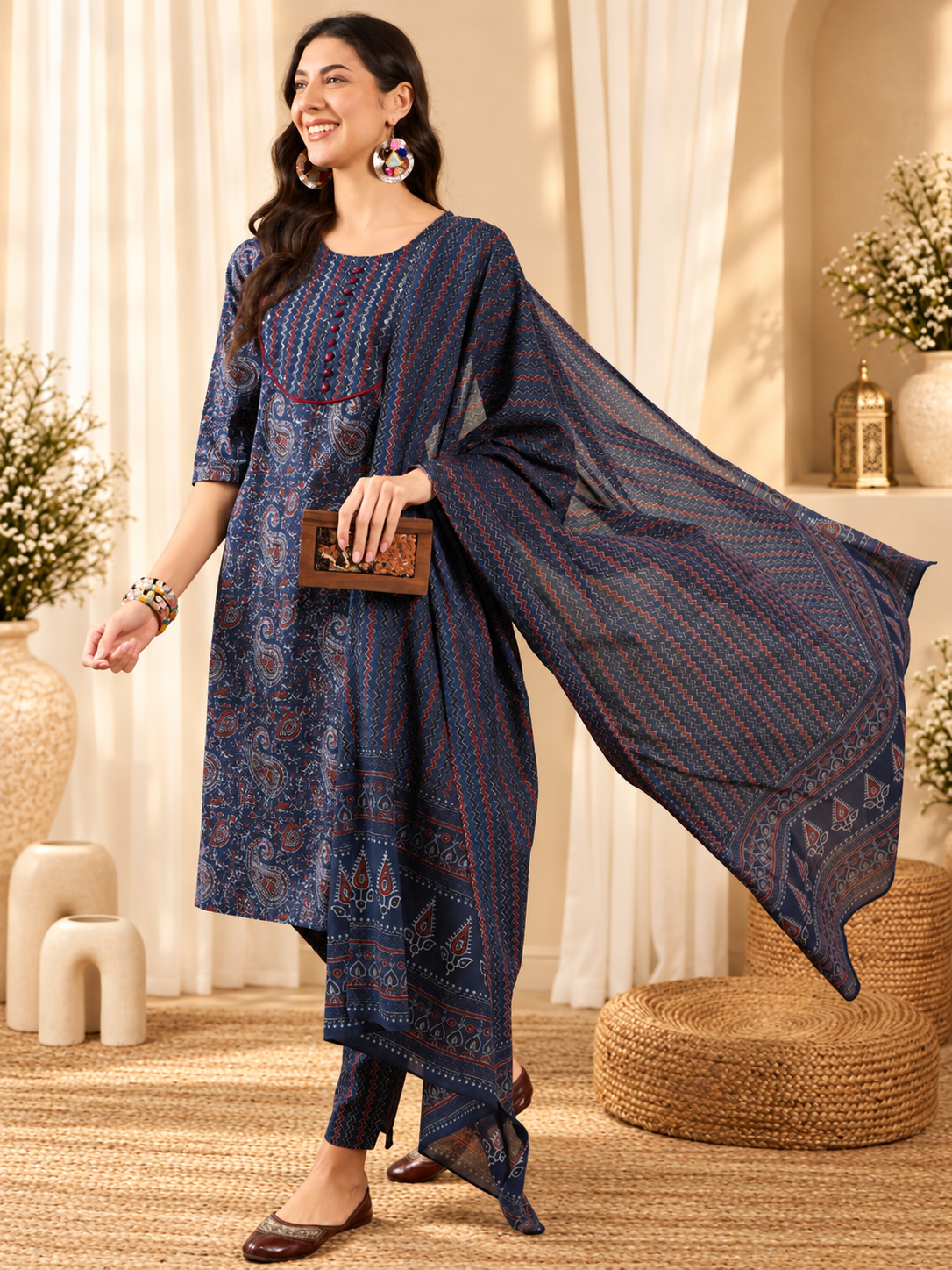 Women's Navy Blue Pure Cotton Ethnic Motifs Kurta & Trousers With Dupatta Set