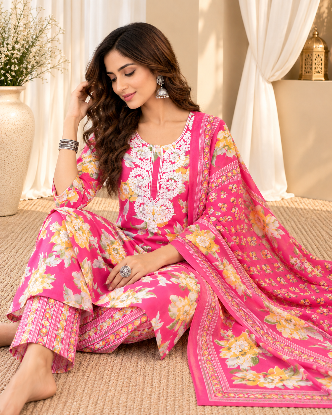 Women's Magenta Pure Cotton Round Neck Kurta & Pant With Dupatta Set