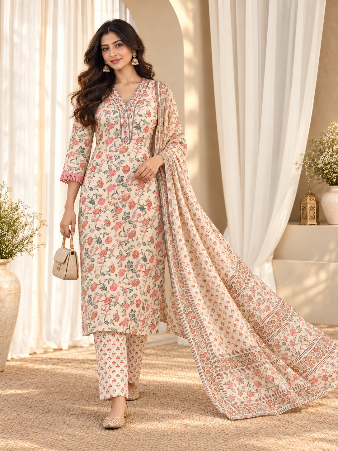 Women's Cream & Pink Pure Cotton Floral Print Kurta & Trousers With Dupatta Set