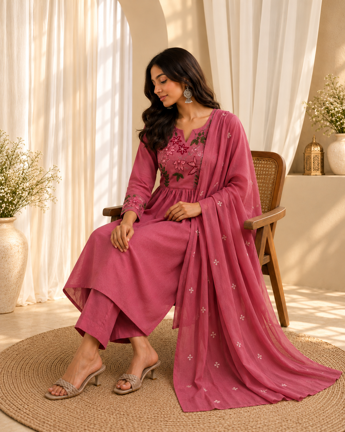 Women's Pure Cotton Floral Print Baby Pink Kurta & Pant With Dupatta Set