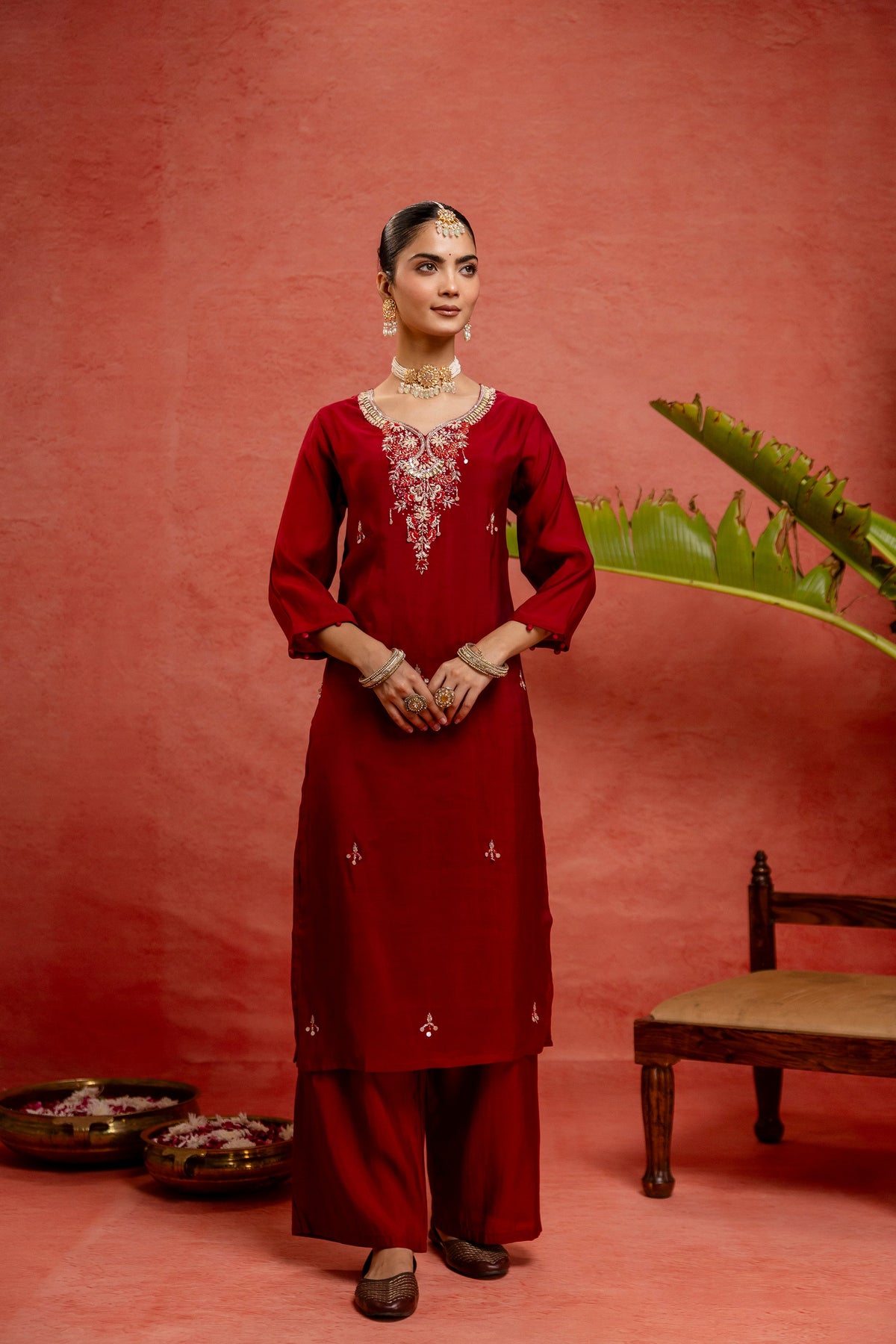 Women's Rani Pink Embroidered Straight Kurta & Trousers With Dupatta Set