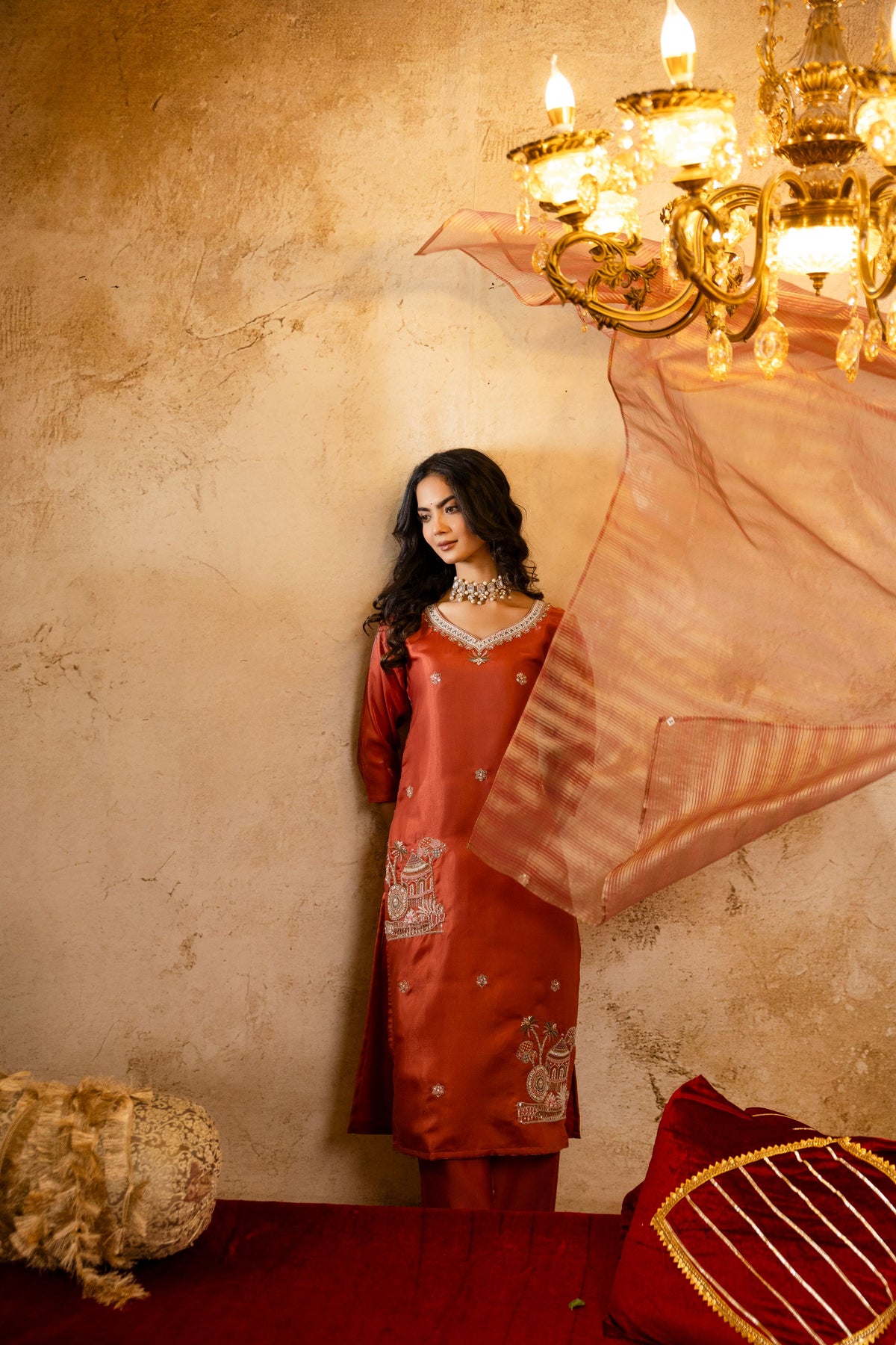 Women's Orange Embroidered Straight V-Neck Kurta & Trousers With Dupatta Set