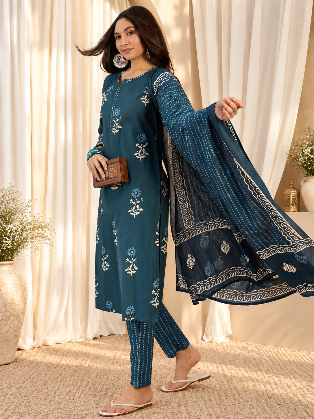 Women's Teal Blue Cotton Floral Print Kurta & Trousers With Dupatta Set
