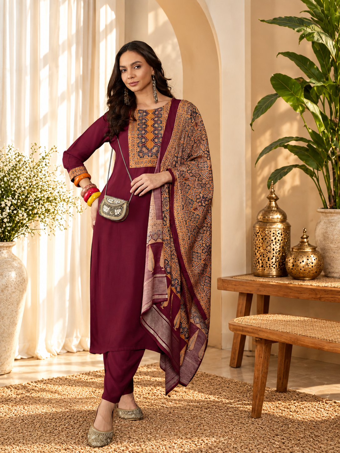 Women's Burgundy Viscose Rayon Round Neck Kurta & Pant With Dupatta Set