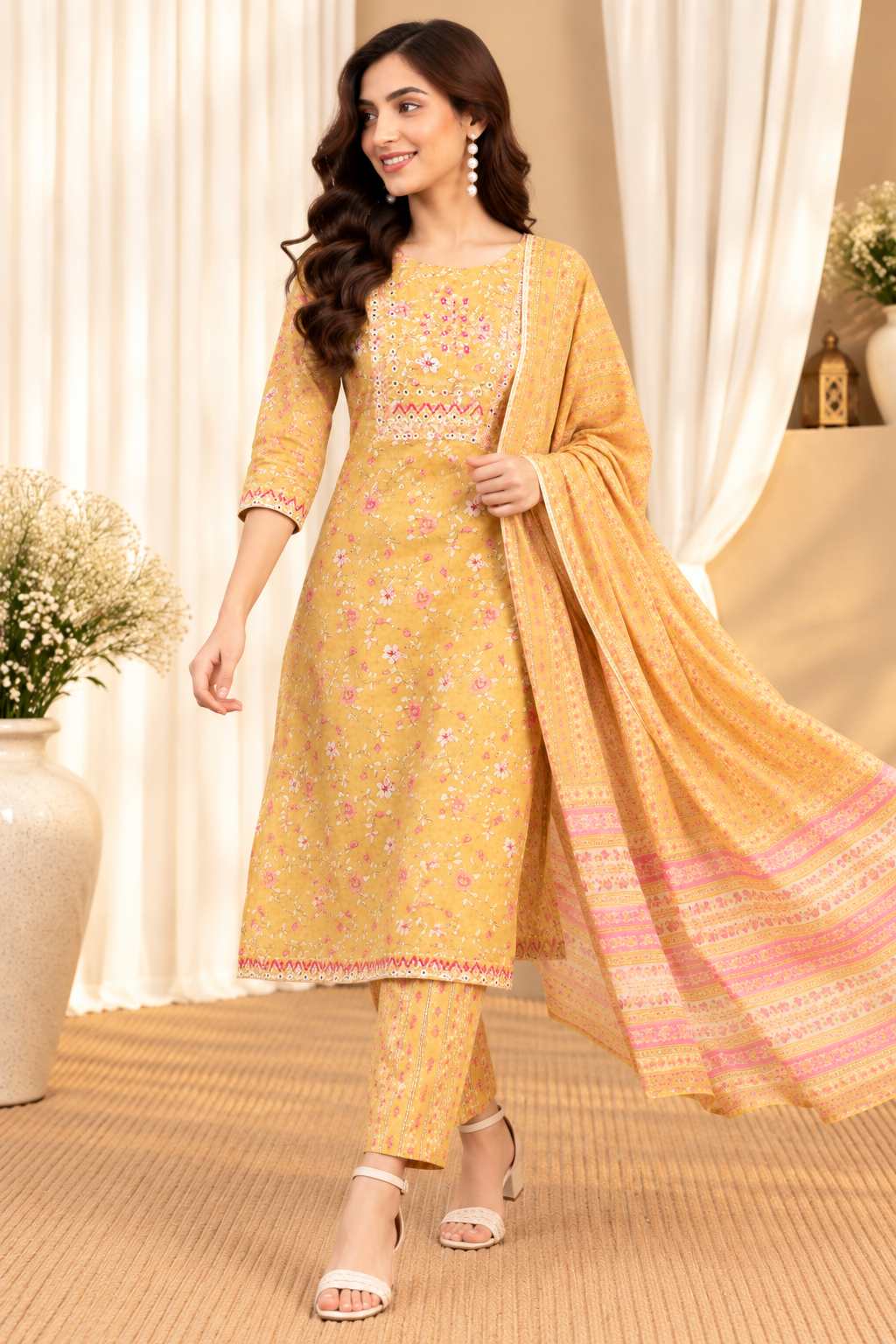Women's Mustard Floral Print Pure Cotton Straight Kurta & Trousers With Dupatta Set