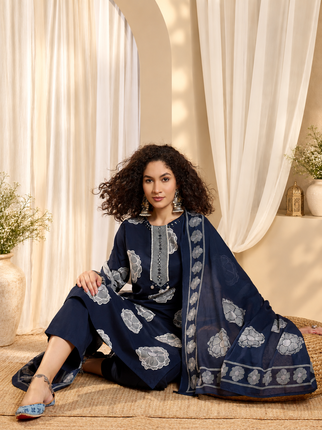Women's Blue Printed Round Neck Straight Pure Cotton Kurta With Trousers & Dupatta Set