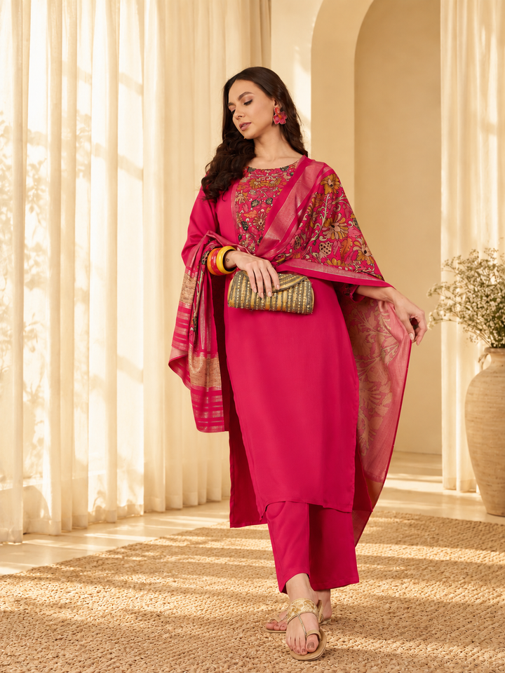Floral Yoke Design Sequinned Straight Kurta &amp; Trousers With Dupatta