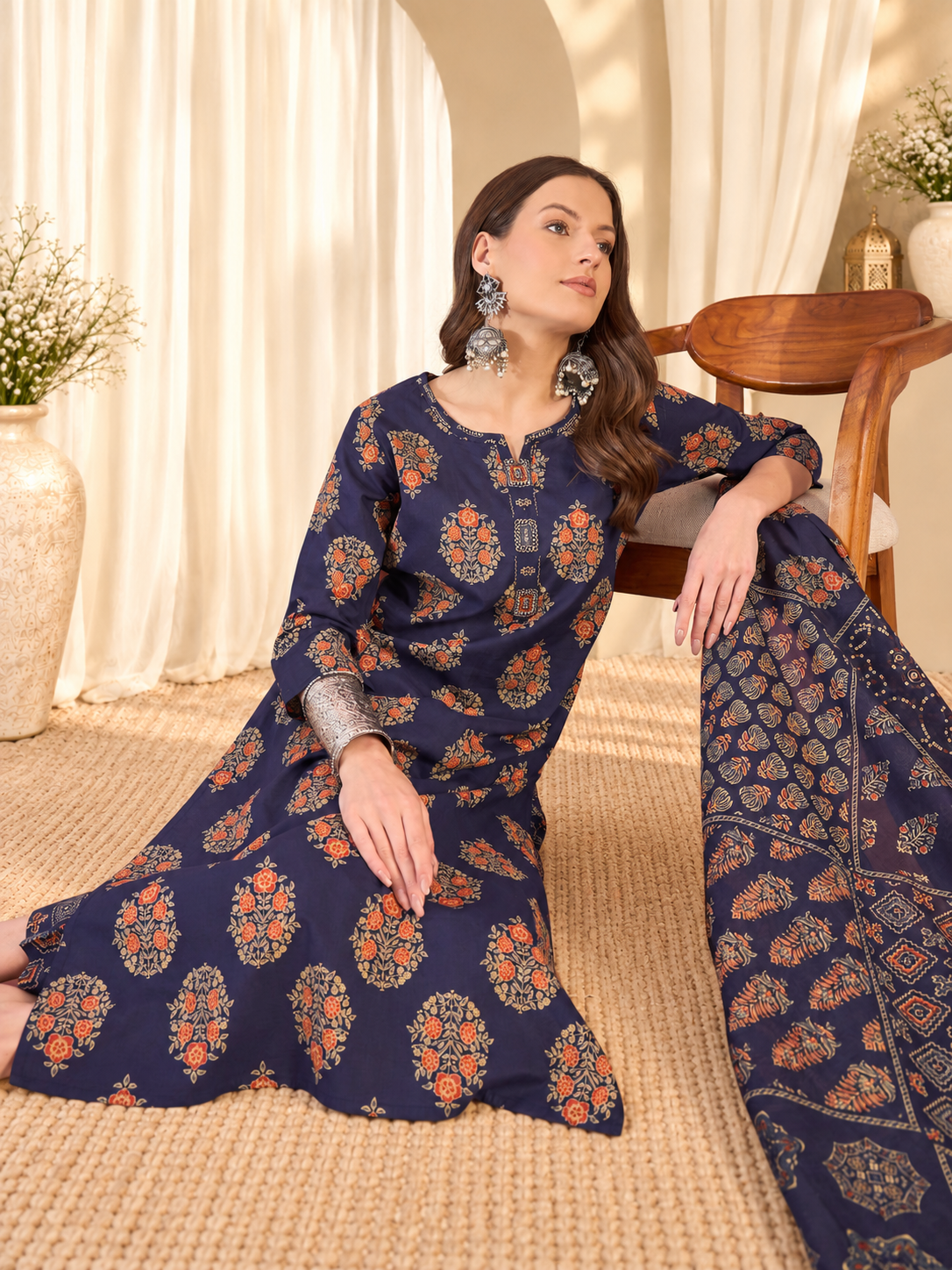 Women's Navy Blue Floral Print Straight Kurta with Trousers & Dupatta Set