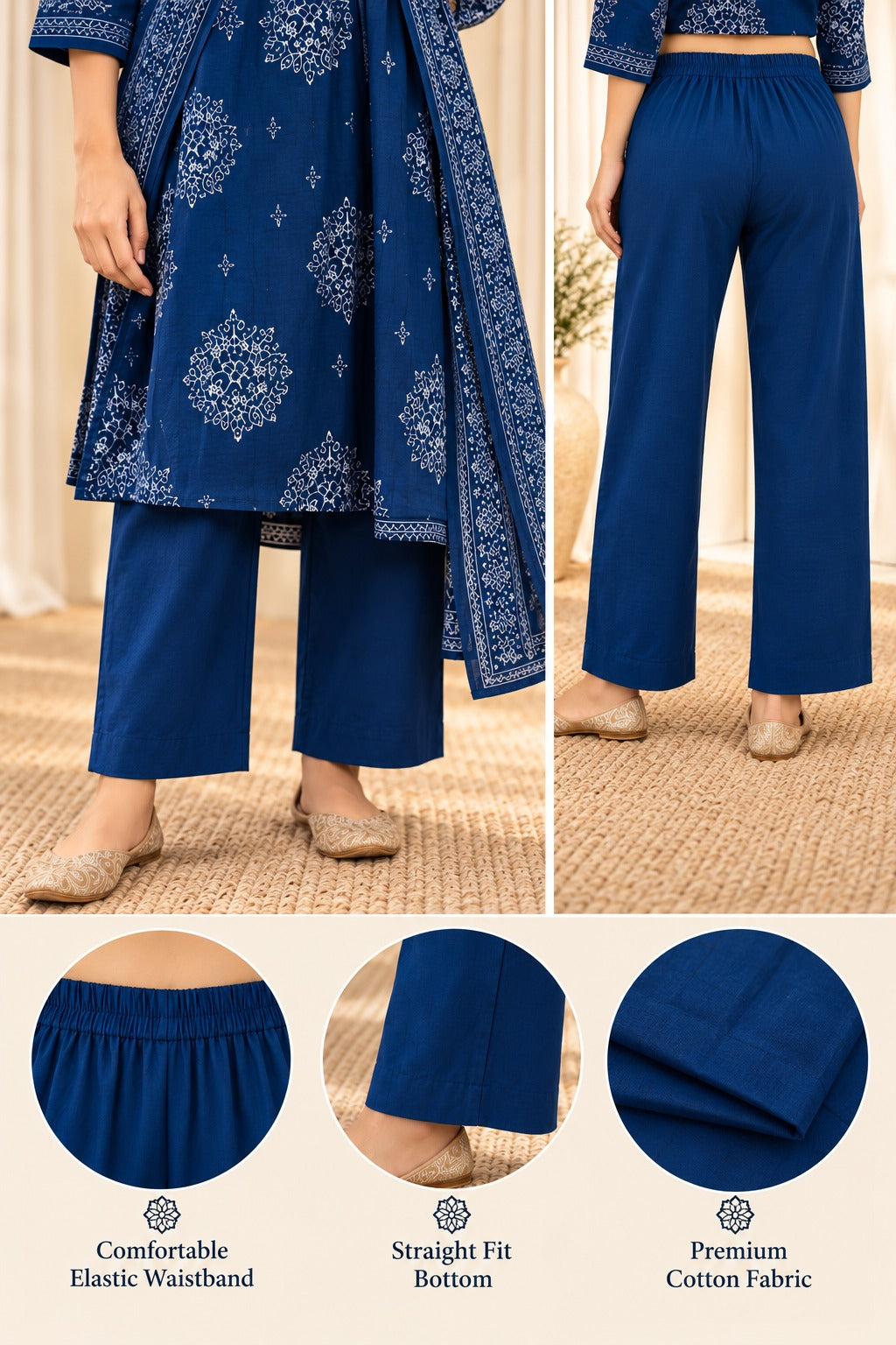 Women's Teal Blue Floral Printed Flared A-Line Kurta & Trousers With Dupatta Set