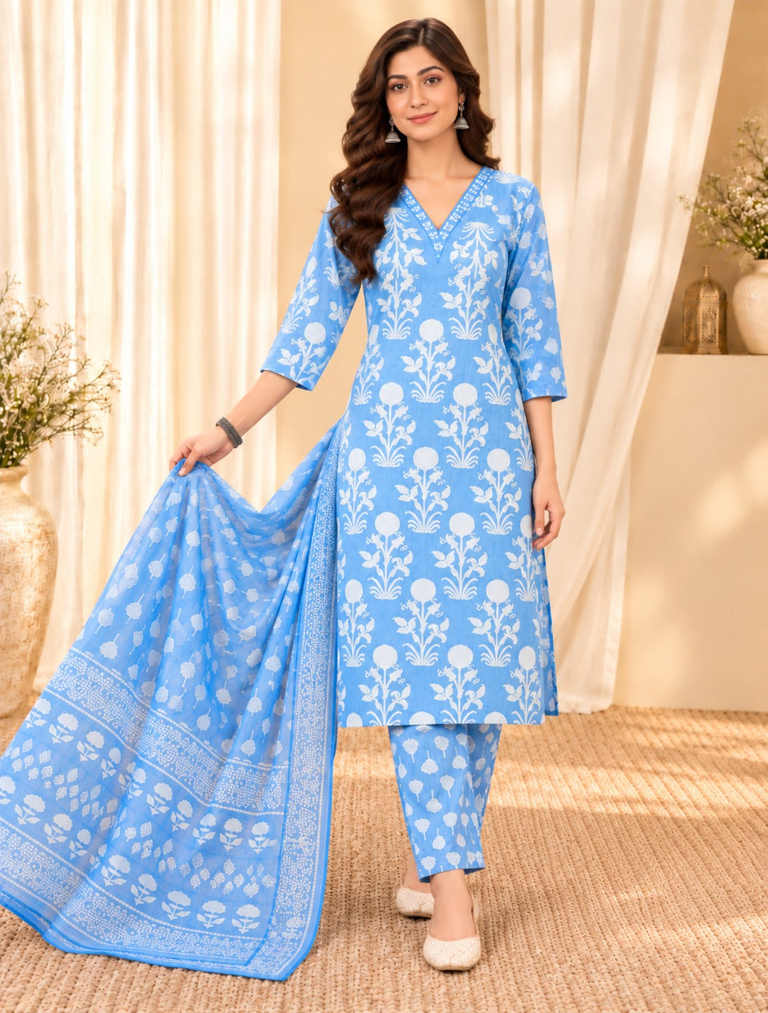 Printed &amp; Embroidered Pure Cotton Straight Kurta With Trouser &amp; Dupatta Set