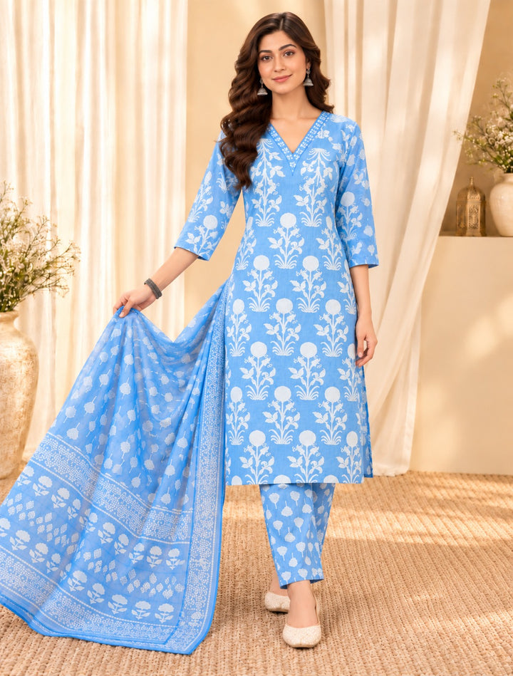 Printed &amp; Embroidered Pure Cotton Straight Kurta With Trouser &amp; Dupatta Set