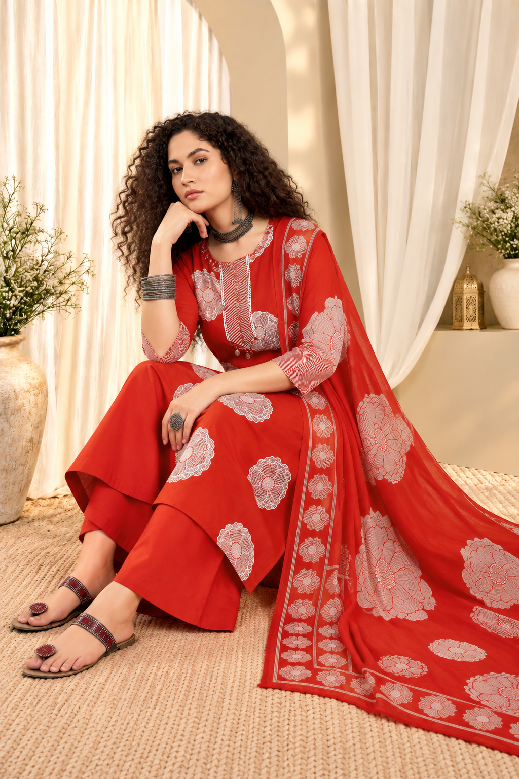 Women's Rust Orange Printed Kurta With Trousers & Dupatta Set