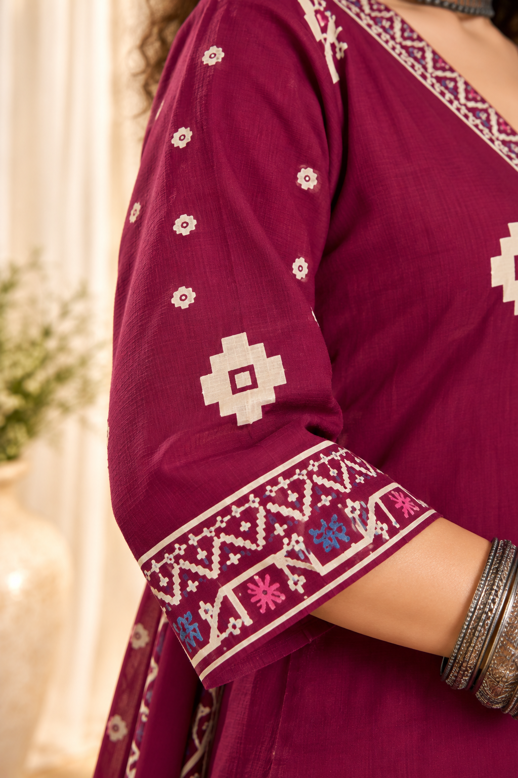 Women's Wine Printed V-Neck Kurta With Trousers & Dupatta Set