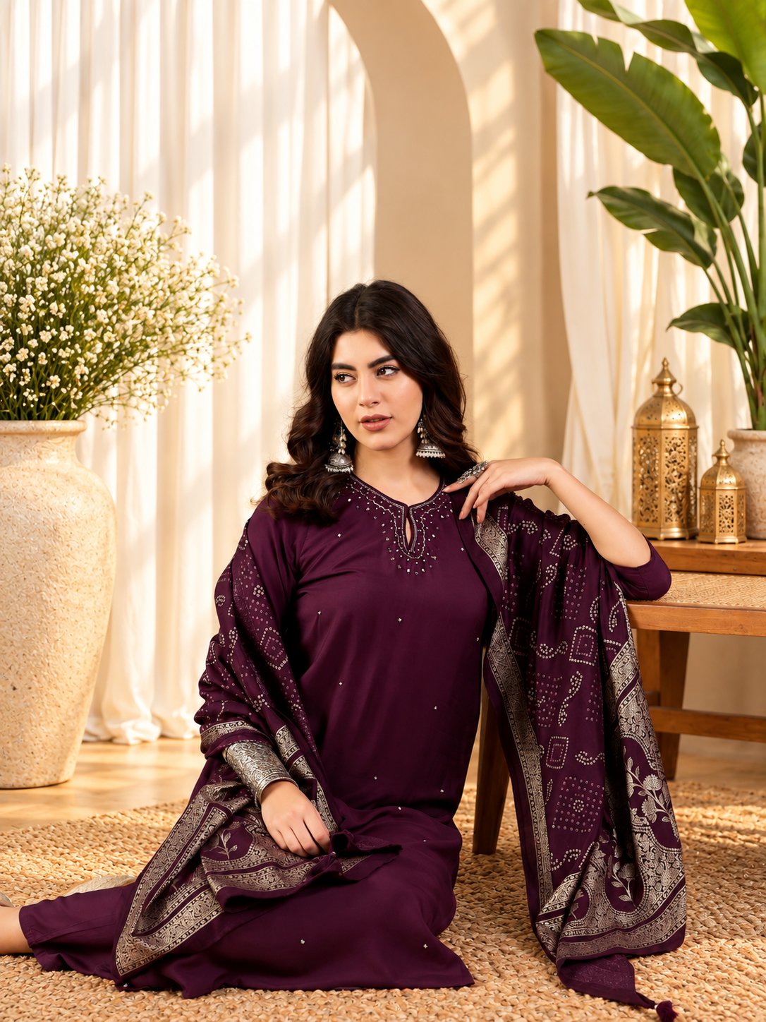 Women's Purple Crepe Self-Design Kurta & Trousers With Dupatta Set